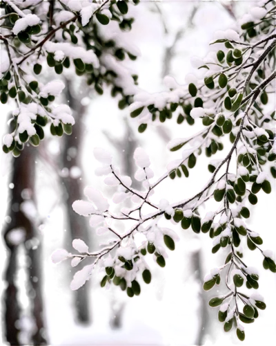 Mistletoe, green leaves, white berries, entwined branches, winter season, snowflakes falling, frosty mistletoe, romantic atmosphere, soft focus, shallow depth of field, warm color tone, natural light,