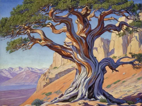 Detail of 188. Old cypress or juniper tree, Nevada mountains, California, 1875 by Marianne North,argan tree,argan trees,arizona cypress,hokka tree,two needle pinyon pine,prostrate juniper,painted tree