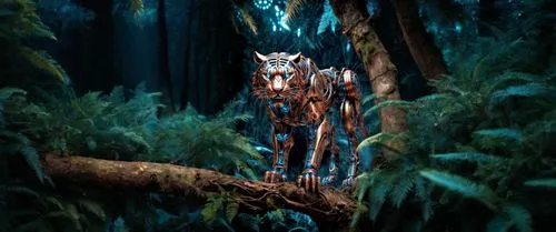 пусто,a mechanical predator is climbing on a large fallen tree,kashyyyk,angantyr,forest dragon,ent,ewoks,elven forest