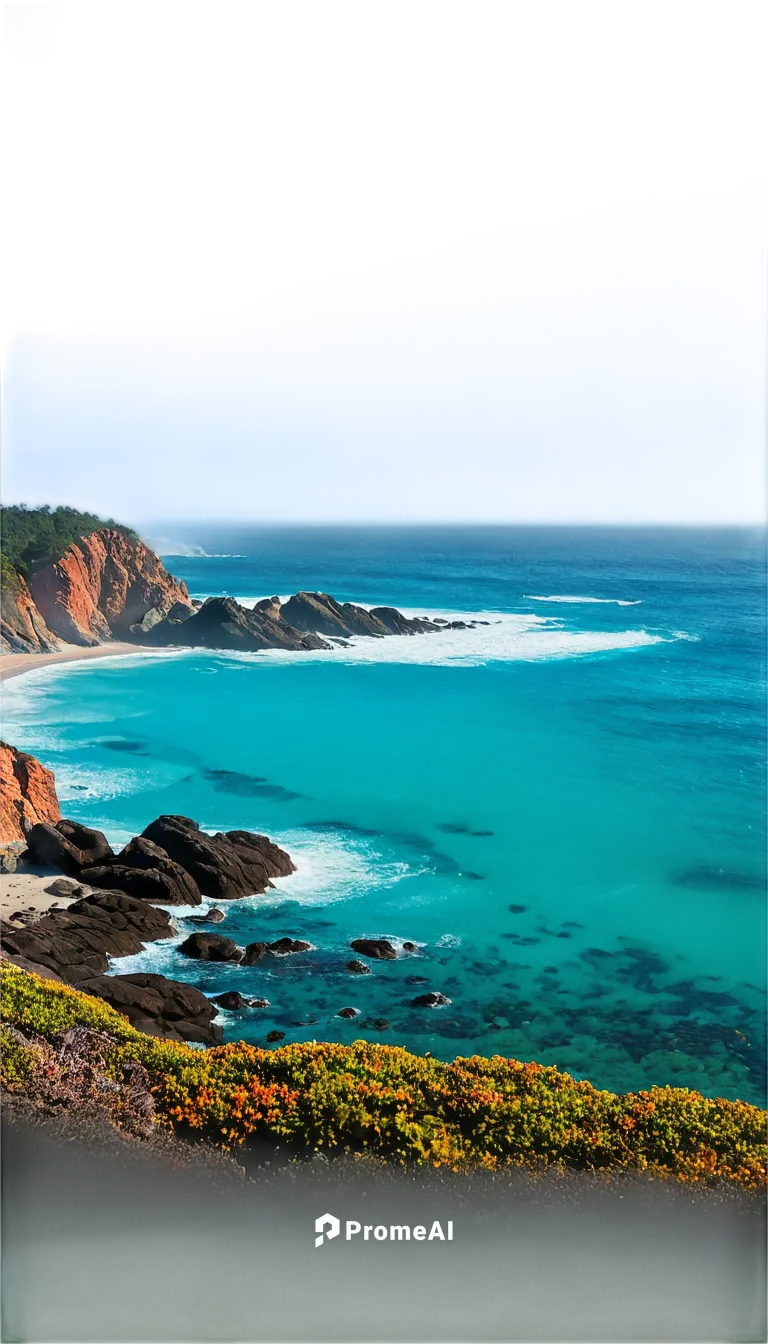 Surreal ocean scene, dreamy atmosphere, vibrant turquoise water, foamy waves, coral reef, seaweed-covered rocks, shimmering sunlight, misty fog, soft focus, warm color tone, cinematic composition, 3/4