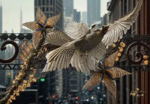 birds of chicago,glass wings,doves of peace,city pigeons,art deco ornament,golden wreath,winged,city pigeon,decoration bird,angel statue,an ornamental bird,doves and pigeons,birds in flight,bird wings