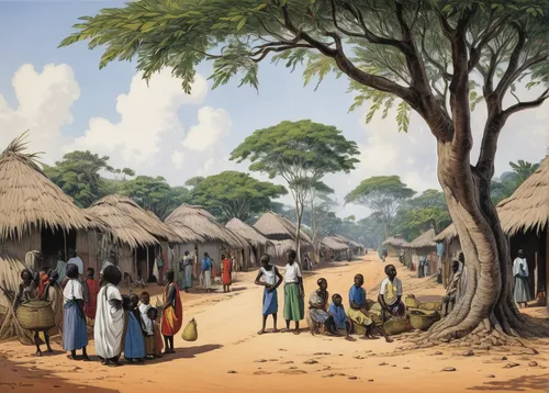 Everyday Life And Hardships Of Mozambican People By Gregory Escande,anmatjere women,village scene,benin,khokhloma painting,people of uganda,afar tribe,nomadic people,human settlement,angolans,mud vill