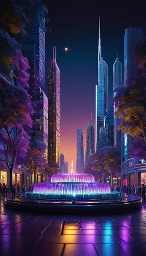 futuristic landscape,cybercity,fantasy city,dubai garden glow,cybertown,coruscant,megapolis,city fountain,dubai fountain,shanghai disney,guangzhou,city at night,colorful city,dubay,the park at night,dreamlands,cityscape,diamond lagoon,dubai,wonderlands,Illustration,Paper based,Paper Based 13