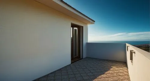 sfondo cielo azzurro,window with sea view,roof landscape,the threshold of the house,dunes house,flat roof,3d rendering,ocean view,block balcony,folegandros,sea view,dormer window,seaside view,skylight