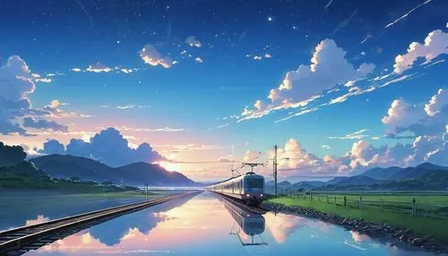 Obras Primas de Alta Qualidade, landscape, cloud, Anime train passing through a body of water on distant tracks, bright starry sky. traveller, romantic lights, pixiv, conceptual art, Lofi Art Style, r