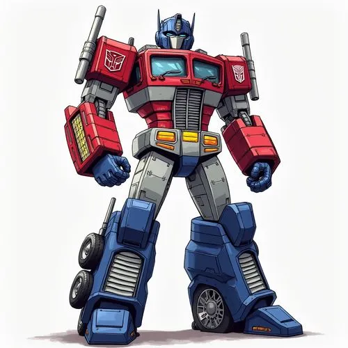 画个擎天柱,a cartoon character with a large, red and blue robot,optimus,targetmaster,soundwave,combiner,computron,perceptor