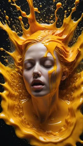 yellow orange,splash photography,solar,solar plexus chakra,yellow skin,sun,arnica,calendula,jalebi,orange yellow,calendula petals,bodypainting,shampoo,orangina,sun flower,sol,milk splash,burning hair,orange,gold paint stroke,Photography,Artistic Photography,Artistic Photography 11