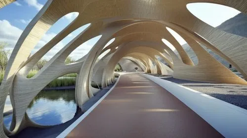 some curved wooden pillars on the side of a street,calatrava,falkirk wheel,millau,colorado riverway bridge,viaduc,liechtenstein,Photography,General,Realistic