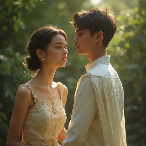 two people that are standing together near one another,lakorn,cherry orchard,vintage boy and girl,pemberley,handmaiden,madding,Photography,General,Realistic