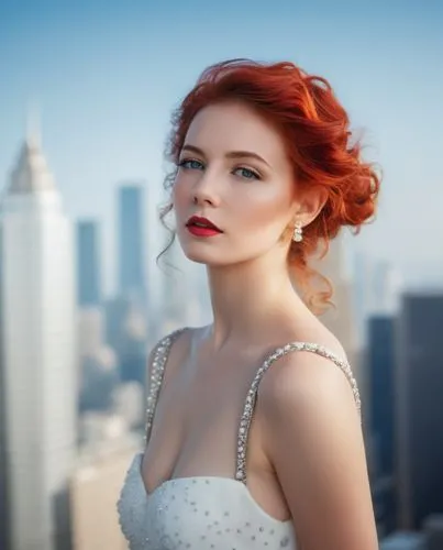 the iconic frame of the caucasian girl comes to life and begins to gaze out from above. She wears a white dress, the colors of the skyline blending seamlessly into the vibrant space. Her red curls are