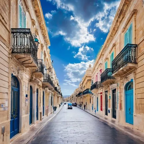 Malta, Mediterranean architecture, historic city, narrow streets, Baroque style buildings, grand entrance, ornate decorations, arched windows, balconies with iron railings, stone paved roads, vibrant 