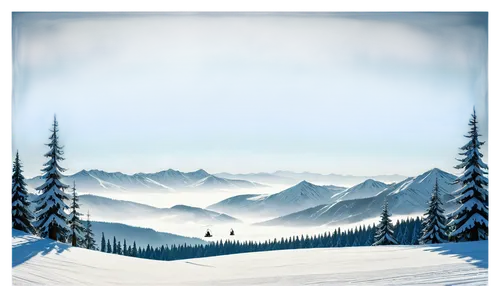 Snowy mountain landscape, panoramic view, majestic peaks, evergreen trees covered in snow, gentle slope, wooden ski lift, snowboarders in distance, warm sunlight casting long shadows, misty atmosphere