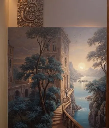 wall decoration,wall painting,villa balbianello,wallcoverings,wall decor,khokhloma painting,wall art,paintings,meticulous painting,wall panel,murals,hotel hall,interior decor,church painting,outside staircase,wallpapering,entryway,azulejos,vizcaya,oriental painting,Illustration,Realistic Fantasy,Realistic Fantasy 27