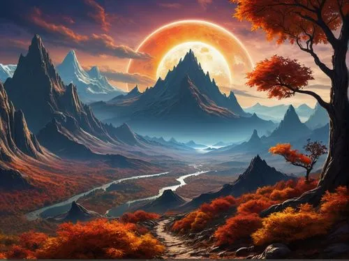 fantasy landscape,autumn mountains,autumn background,landscape background,mountain landscape,autumn landscape,mountainous landscape,fantasy picture,fall landscape,mountain scene,volcanic landscape,nature background,nature landscape,world digital painting,desert landscape,mountain sunrise,high landscape,forest landscape,alpine landscape,cartoon video game background,Conceptual Art,Sci-Fi,Sci-Fi 20