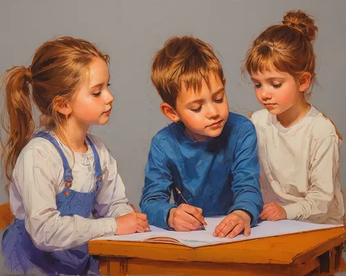 """Rebecca, Philip, and Hannah"" a drawing of three children. 12x18"" Completed November 2018",children studying,children drawing,children learning,school children,kids illustration,girl studying,chil