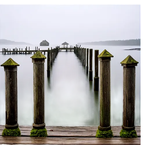 Old pier, wooden structure, worn-out railings, rusty lanterns, seaweed-covered pillars, morning mist, soft sunlight, gentle waves, 3/4 composition, shallow depth of field, warm color tone, cinematic l