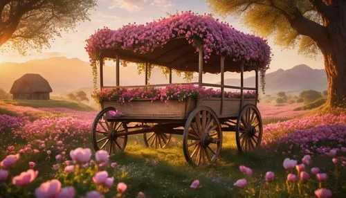 flower cart,flower car,flowers in wheel barrel,fantasy picture,splendor of flowers,springtime background,Photography,General,Cinematic