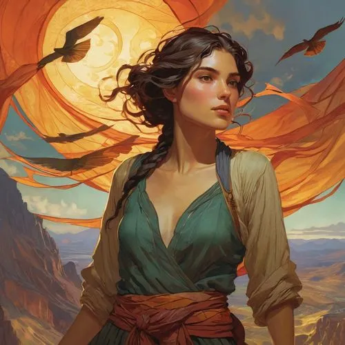 rosa ' amber cover,fantasy portrait,artemisia,fiery,the wanderer,flame spirit,warm colors,sorceress,fantasy art,heroic fantasy,cg artwork,vane,transistor,fire siren,wanderer,firethorn,mystical portrait of a girl,sunset glow,wind warrior,fantasy woman,Conceptual Art,Fantasy,Fantasy 18