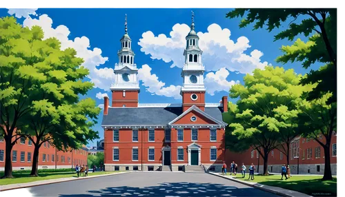 Philadelphia landmark, Independence Hall, historic building, American flag, sunny day, blue sky, white clouds, detailed stone walls, green trees, tourists walking, 3/4 composition, natural lighting, w