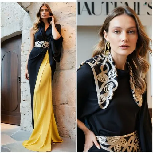 Fashion show ,a woman in black and yellow dress near stone wall,vionnet,marni,kloss,dvf,grazia,a floor-length dress,Photography,General,Natural