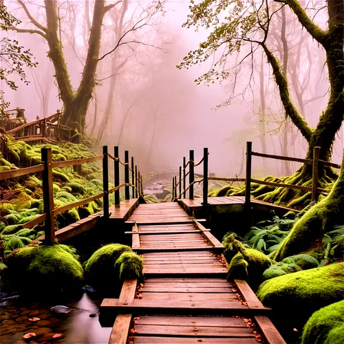 wooden bridge,moss landscape,hiking path,forest path,wooden path,adventure bridge,fairytale forest,germany forest,scenic bridge,nature wallpaper,the mystical path,hanging bridge,green forest,foggy forest,walkway,winding steps,foggy landscape,nature background,enchanted forest,forest landscape,Illustration,Realistic Fantasy,Realistic Fantasy 13