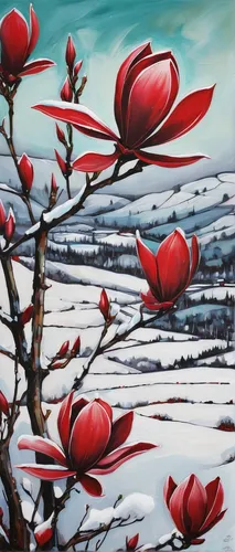 red magnolia,frosted rose hips,rose hips,carol colman,rosehip berries,rosehips,winter landscape,winter cherry,snow landscape,blossoming apple tree,christmas landscape,ripe rose hips,snow cherry,rose hip bush,winter rose,cherry branches,mountain ash berries,snowy still-life,snow scene,rose hip berries,Illustration,Realistic Fantasy,Realistic Fantasy 23