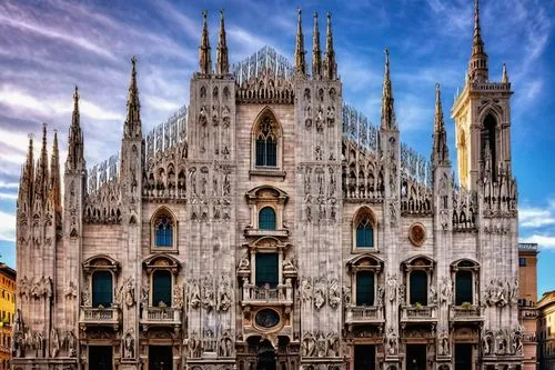 Milan, Italy, Renaissance architecture, grand cathedral, ornate facade, intricate stone carvings, Gothic spires, Duomo Square, vibrant street life, historic city center, ornate balconies, Baroque deta