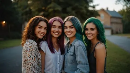 green hair,women friends,young women,x3,beautiful photo girls,beautiful women,duck females,rainbow background,sirens,m m's,hierochloe,multicolor faces,elves,three friends,artificial hair integrations,