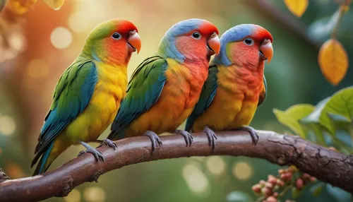 2 colorful lovebirds standing on a tree branch in the middle of a home garden,golden parakeets,parrot couple,colorful birds,sun conures,tropical birds,rare parrots,passerine parrots,parrots,yellow-gre