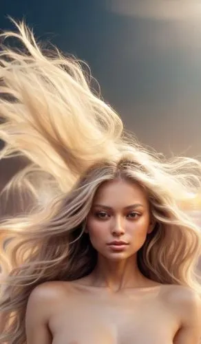 a  woman with her hair in the air,windblown,windswept,mirifica,burning hair,voluminous,sirotka