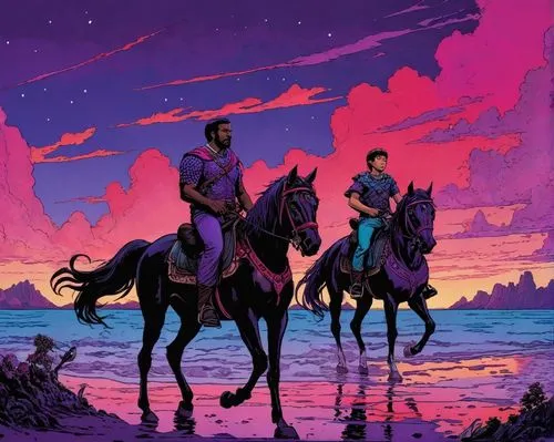 cowboy silhouettes,centaurs,man and horses,unicorn background,horseback,explorers,horsemen,digital nomads,westworld,couple silhouette,horseman,horses,westerns,tycho,rodeo,horse riders,chevaux,stereogum,purple and pink,conquistadores,Illustration,American Style,American Style 03