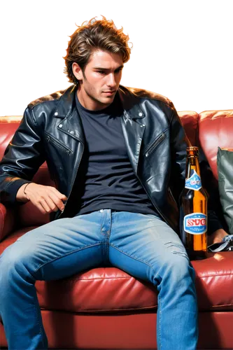 Drunk, male, sloppy posture, messy hair, red face, sweat droplets, beer bottle in hand, worn jeans, black leather jacket, slouched on couch, dim lighting, shallow focus, warm color tone, cinematic com