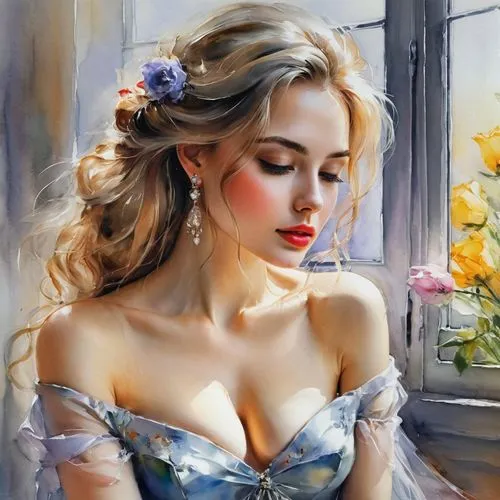 romantic portrait,flower painting,beautiful girl with flowers,donsky,dmitriev,vanderhorst,art painting,young woman,splendor of flowers,oil painting,rosemond,girl in flowers,perfuming,beguelin,evgenia,ilyin,anatoly,oil painting on canvas,fantasy art,jessamine,Illustration,Paper based,Paper Based 11