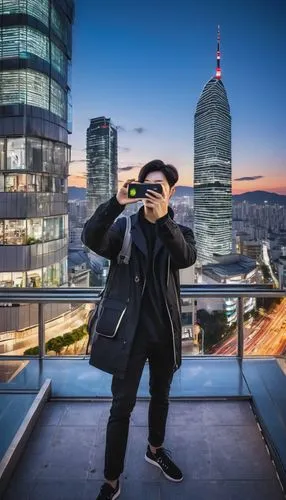 Modern Korean building, sleek lines, minimalist design, large windows, steel frame, glass facade, rooftop garden, urban scenery, Seoul cityscape, evening lights, neon signs, bustling streets, skyscrap