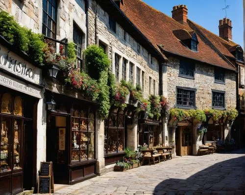 Chichester, historic town, medieval architecture, grand cathedral, stone walls, stained glass windows, intricate carvings, Gothic Revival style, vibrant market square, bustling streets, old lanterns, 