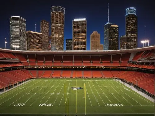 Houston, Texas, USA, rugby stadium, modern architectural design, sleek lines, glass façade, steel beams, concrete columns, floodlights, evening atmosphere, dramatic shadows, vibrant city lights, dista