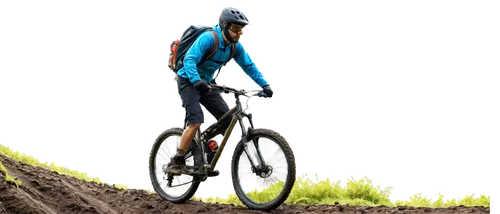 Mountain biker, athletic male, helmet, goggles, sporty outfit, backpack, mountain bike, muddy tires, suspension fork, disc brakes, rough terrain, steep slope, rocky path, afternoon sunlight, dynamic c