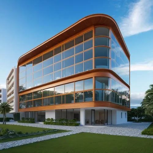 edificio frente al mar  con  un a plaza en la parte de enfrente y a lado derecho tiene un  parque de arboles,this is a modern glass - fronted office building,modern building,glass facade,3d rendering,