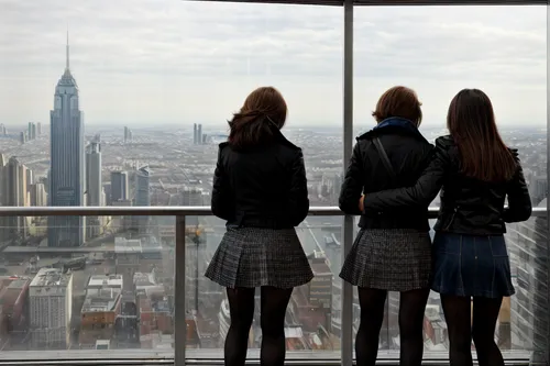 2girls, two women standing on the top floor of a very tall building in the city, looking out over the city, wearing smart jackets, skirt, pantyhose.,the observation deck,businesswomen,observation deck