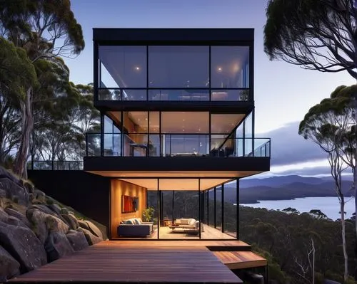 Hobart style architecture, modern villa, luxurious, waterfront, glass facade, steel frame, wooden decking, minimalist interior, marble countertops, high ceilings, large windows, panoramic view, 3/4 co