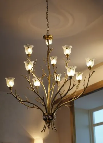 9 light twig chandelier with glass flowers finish in antique brass,a chandelier in a room with a glass vase on it,ceiling lamp,chandeliered,ceiling light,chandeliers,candelabra,cuckoo light elke,cande