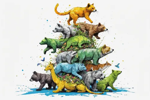 rain cats and dogs,animal tower,whimsical animals,forest animals,green animals,round animals,anthropomorphized animals,stacked animals,woodland animals,cat tree of life,dog illustration,animal icons,animal shapes,animal train,fox stacked animals,animals,small animals,animal animals,mammals,animal migration,Conceptual Art,Graffiti Art,Graffiti Art 02