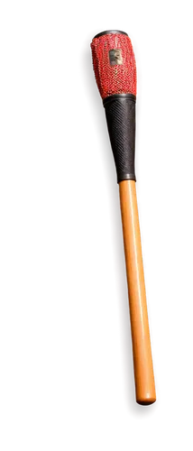 Baseball bat, wooden texture, brown color, glossy finish, cylindrical shape, rounded handle, tapered barrel, metal knob, worn grip tape, slight scratches, 3/4 composition, shallow depth of field, warm