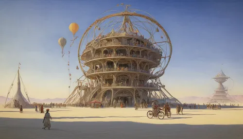 burning man,tower of babel,stilt houses,cube stilt houses,very large floating structure,panopticon,prejmer,round house,round hut,cellular tower,straw hut,futuristic architecture,stilt house,the globe,ancient city,caravanserai,winter festival,caravansary,musical dome,apiarium,Illustration,Retro,Retro 19