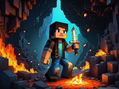 Blocky Minecraft character, Bong, masculine, strong facial features, messy black hair, brown eyes, casual smile, worn leather jacket, ripped blue jeans, black boots, holding a diamond sword, standing 