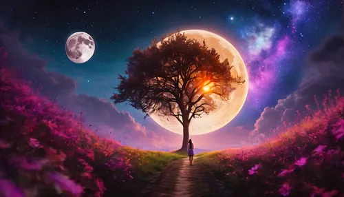 purple landscape,fantasy picture,purple moon,fantasy landscape,the mystical path,nature background,landscape background,moon and star background,dreamscape,nature wallpaper,lilac tree,moonlit night,moonwalked,fantasy art,purple wallpaper,3d background,purple and pink,creative background,photo manipulation,magic tree,Photography,General,Fantasy