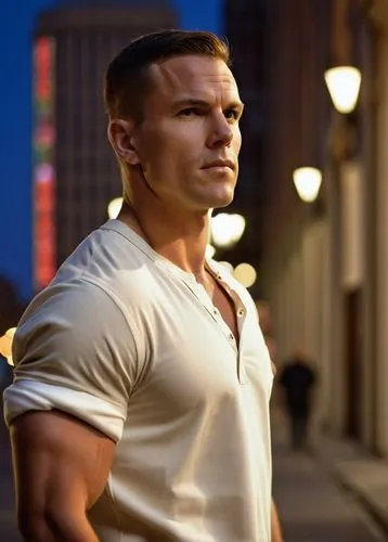 Muscular man, gabardine clothing, relaxed posture, hands in pockets, rugged facial features, short hair, no glasses, casual atmosphere, city streets, modern architecture, evening time, soft lighting, 