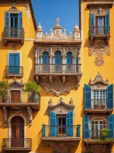 Historic Portuguese architecture, ornate Manueline style, grandiose facade, intricate stone carvings, ornamental balconies, colorful azulejo tiles, curved lines, arched windows, rusticated quoins, dec