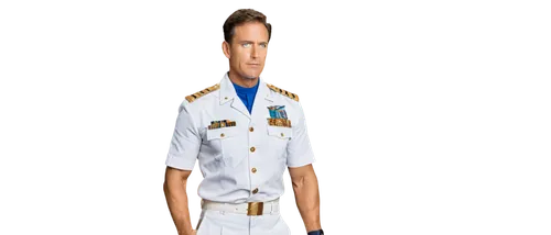 Male captain, middle-aged, muscular build, serious expression, short brown hair, blue eyes, white uniform, golden epaulets, holding binoculars, standing with feet shoulder-width apart, confident postu