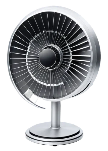 Metal ventilator, modern design, silver body, curved shape, spinning blades, front grille, buttons and knobs, LED display, sleek texture, reflective surface, slight shadows, 3/4 composition, soft ligh